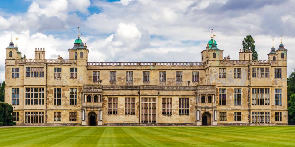 Audley End House viewed from its formal gardens and lawns